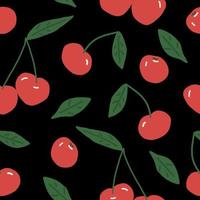 cereza y hojas de patrones sin fisuras. dibujado a mano. Ilustración para papel tapiz, papel de regalo, textil, fondo. jugosa fruta roja de verano vector