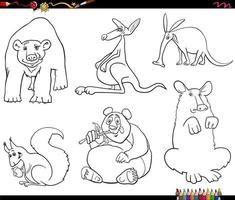 cartoon animals characters set coloring book page vector