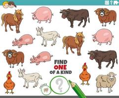 one of a kind task for children with cartoon farm animals vector