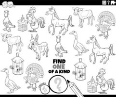 one of a kind game with funny farm animals coloring book page vector