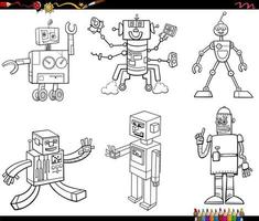 Dibujos animados de robots y personajes de droides para colorear página de libro vector