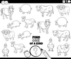 one of a kind task with funny farm animals coloring book page vector