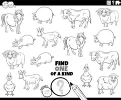 one of a kind task with funny farm animals coloring book page vector