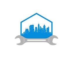 Wrench with city building inside the hexagon vector