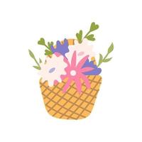 Basket with flowers for Valentines Day, vector flat illustration