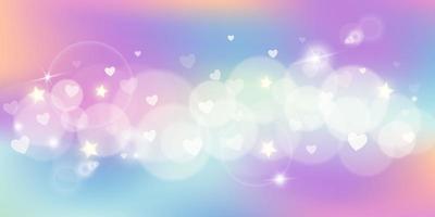 Rainbow fantasy background. Holographic illustration in pastel colors. Multicolored unicorn sky with stars, hearts and bokeh. Vector