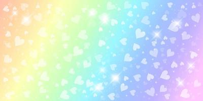 Fondo de fantasía de arco iris. Ilustración holográfica en colores pastel. Fondo femenino de dibujos animados lindo. cielo multicolor brillante con bokeh y corazones. vector. vector