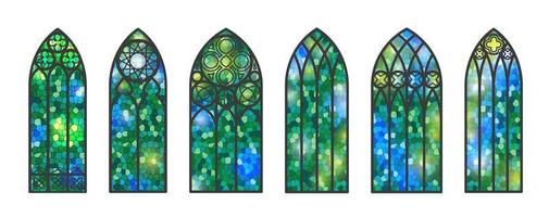 Conjunto de ventanas góticas. marcos de iglesia de vidrieras vintage. elemento de la arquitectura tradicional europea. vector