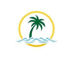 forma de círculo con ola de playa y palmera vector