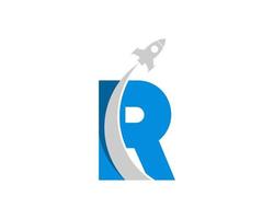 R letter initial with rocket gliding inside vector