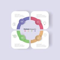 four circle elements with paper icons and place for text to circle white paper. The concept of 4 business development features. Infographic design template. Vector illustration.