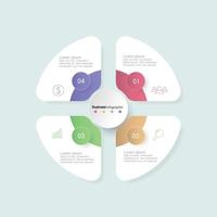 four circle elements with paper icons and place for text to circle white paper. The concept of 4 business development features. Infographic design template. Vector illustration.