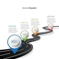 Vector road infographic with pin pointer. Timeline template with 4 markers on a curved road line.