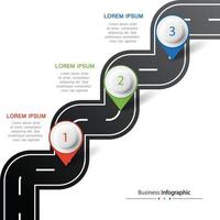 infografía de carretera de vector con puntero de pin. plantilla de línea de tiempo con 3 marcadores en una línea de carretera curva.