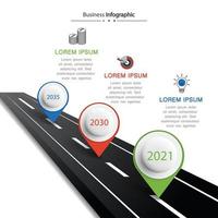 Vector road infographic with pin pointer. Timeline template with 3 markers on a curved road line.