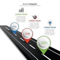 infografía de carretera de vector con puntero de pin. plantilla de línea de tiempo con 3 marcadores en una línea de carretera curva.