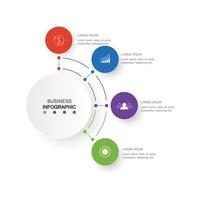 four circle elements with paper icons and place for text to circle white paper. The concept of 4 business development features. Infographic design template. Vector illustration.