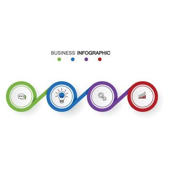 four circle elements with paper icons and place for text to circle white paper. The concept of 4 business development features. Infographic design template. Vector illustration.