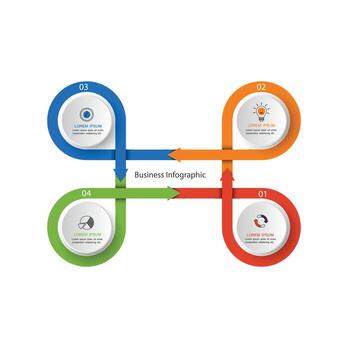 four circle elements with paper icons and place for text to circle white paper. The concept of 4 business development features. Infographic design template. Vector illustration.