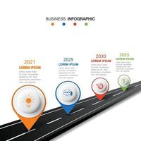 infografía de carretera de vector con puntero de pin. plantilla de línea de tiempo con 4 marcadores en una línea de carretera curva.