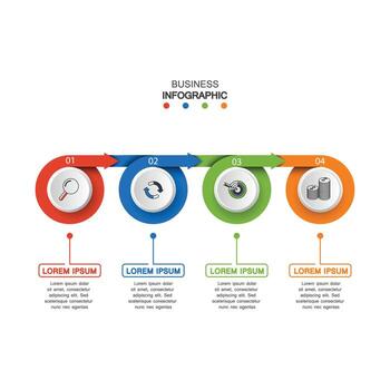 four circle elements with paper icons and place for text to circle white paper. The concept of 4 business development features. Infographic design template. Vector illustration.