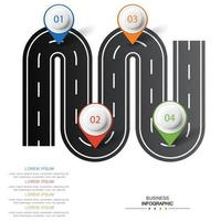 Vector road infographic with pin pointer. Timeline template with 4 markers on a curved road line.