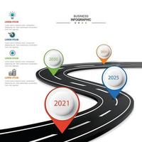 Vector road infographic with pin pointer. Timeline template with 4 markers on a curved road line.