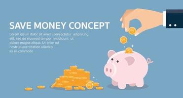 Hand putting coin a piggy bank money savings. The concept of saving or save money. Vector illustration with place for your text or copy space.