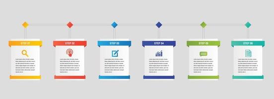 elementos abstractos opciones de 6 pasos. Plantilla de gráfico de proceso de línea de tiempo de negocio de infografía. vector banner moderno, cuadro de texto utilizado para la presentación y el diagrama de diseño de flujo de trabajo.