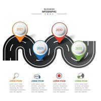 Vector road infographic with pin pointer. Timeline template with 4 markers on a curved road line.