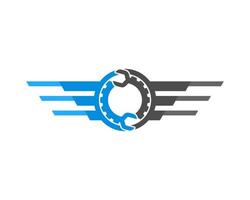 Circle shape with abstract spread wing and gear wrench inside vector