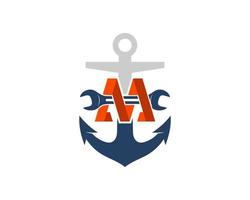 Anchor ship with m letter initial and repair wrench inside vector