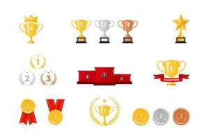 set of winner award and achievement elements. Trophy cup, stage podium, and medals design. vector