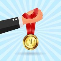 Hand holding medal. Competition winner design concept. vector