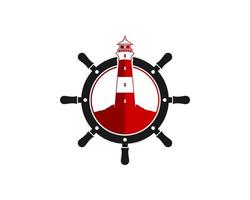 Ship steering wheel with red lighthouse inside vector