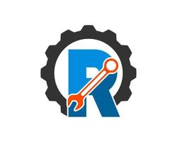 Mechanical gear with R letter initial and repair wrench inside vector