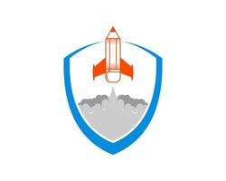 Abstract shield with rocket pencil gliding inside vector