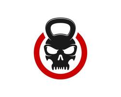 Red circle shape with skull head kettle bell inside vector