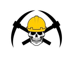 Worker skull head with crossed mining axe behind vector