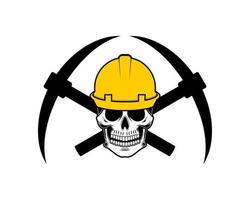 Worker skull head with crossed mining axe behind vector