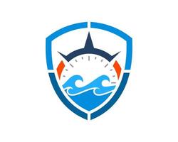 Simple shield with compass and beach wave inside vector