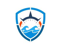 Simple shield with compass and beach wave inside vector