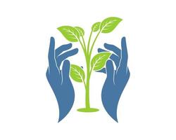 Planting tree with hand care nature vector