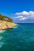 Panorama cliffs bay Cala Mondrago Mallorca Balearic Islands Spain.
