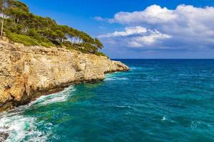 Panorama cliffs bay Cala Mondrago Mallorca Balearic Islands Spain.