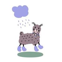 Hand drawn cute alpaca in boots walking in the rain. vector