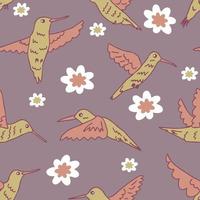 Summer seamless pattern with doodle hummingbirds and flowers. vector