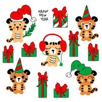 Chinese New Year tiger cubs collection. Set of five cute tigris kids, santa claus hats and gifts. vector