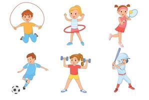 niños haciendo ejercicio y practicando diferentes deportes. vector ilustración plana.