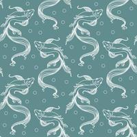 Seamless pattern, print, drawn elegant contour fish on a turquoise background. White outline. Marine theme. Textiles, wallpaper, cover, pastel linen vector